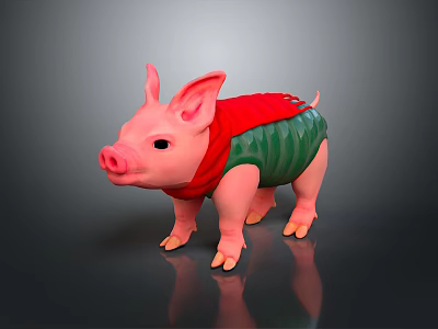 Pink Piglet Toy Figure Wearing Red Scarf And Green Vest 3d model
