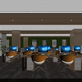 Public Office Space With Open Layout Yellow Chairs Computers And Green Accent Wall 3d model