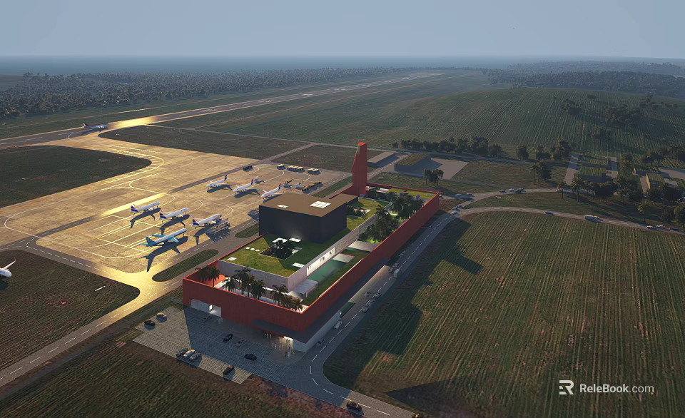 Aerial View Planning of Airport With Runway Terminal Green Roof and Airplanes 3d model 