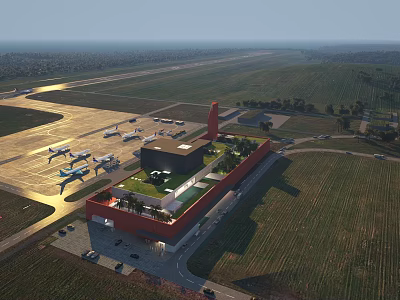 Aerial View Planning of Airport With Runway Terminal Green Roof and Airplanes 3d model