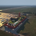 Aerial View Planning of Airport With Runway Terminal Green Roof and Airplanes