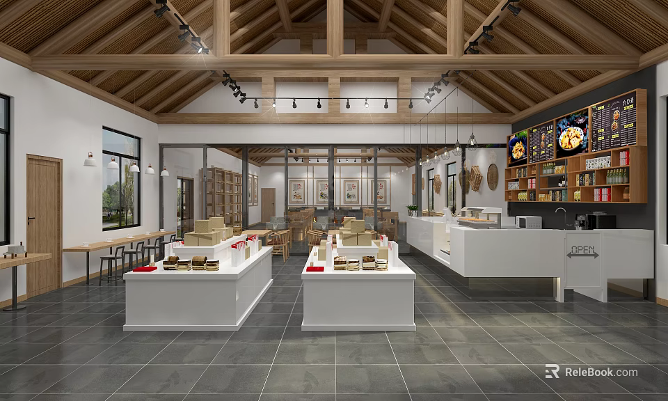 Modern Retail Shop Interior With Wooden Beam Ceiling White Display Counters Shelves And Hanging Lights 3d model 