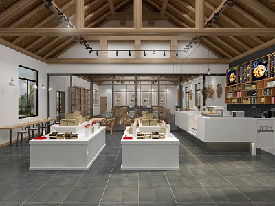 Modern Retail Shop Interior With Wooden Beam Ceiling White Display Counters Shelves And Hanging Lights 3d model