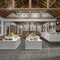 Modern Retail Shop Interior With Wooden Beam Ceiling White Display Counters Shelves And Hanging Lights