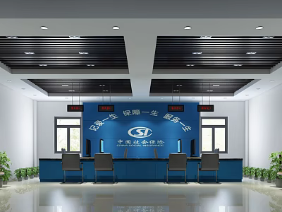 Spacious Modern Administrative Service Hall With Blue Counter Red Electronic Screens And Plants 3d model