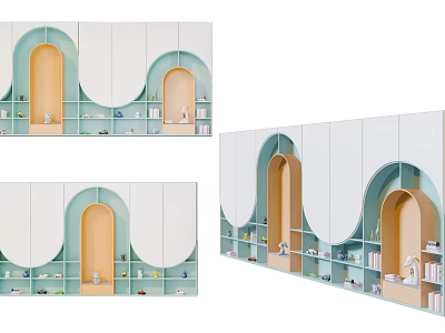 Modern Curved Bookcase Design With Light Green Panels White Doors And Open Shelves 3d model