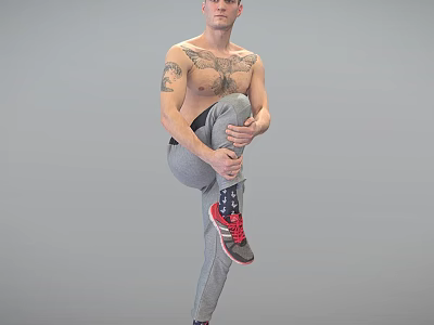 Shirtless Man With Tattoos Stretching In Gray Sweatpants And Red Sneakers Against Gray Background 3d model