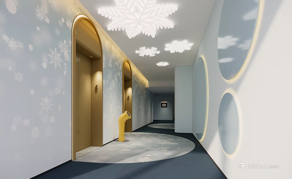 Hotel Corridor With Snowflake Decorations Arched Elevator Doors Circular Walls And Yellow Fire Hydrant 3d model