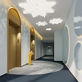 Hotel Corridor With Snowflake Decorations Arched Elevator Doors Circular Walls And Yellow Fire Hydrant 3d model