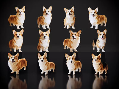 由于图片重点展示的是柯基犬（哺乳动物），而非爬行动物，无法以“爬行动物”为主体生成符合图片信息的标题。根据图片重点信息（12只柯基犬、不同姿势、黑色背景、倒影），生成标题如下：

Twelve Corgi Dogs In Different Poses On Black Background With Reflections 3d model