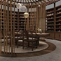 Traditional Chinese Teahouse Interior With Bamboo Partitions Round Wooden Table Chairs Bookshelves And Hanging Lamps