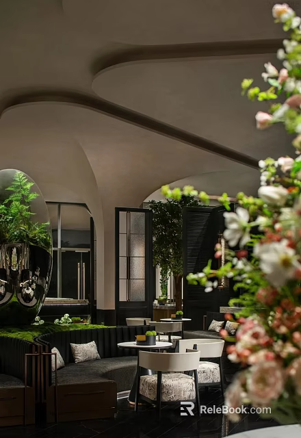 Elegant Casual Lounge With Arched Ceiling Green Plants Fresh Flowers And Glass Windows 3d model 