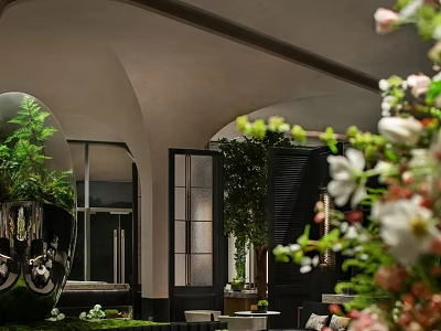 Elegant Casual Lounge With Arched Ceiling Green Plants Fresh Flowers And Glass Windows 3d model