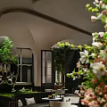 Elegant Casual Lounge With Arched Ceiling Green Plants Fresh Flowers And Glass Windows
