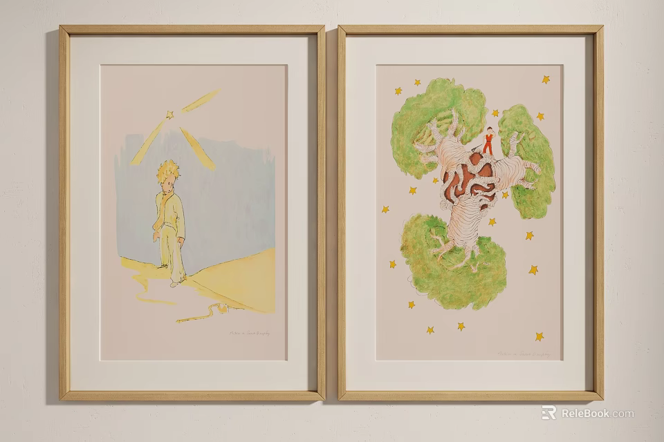 Framed Little Prince Illustrations With Golden Frames And Starry Elements 3d model 