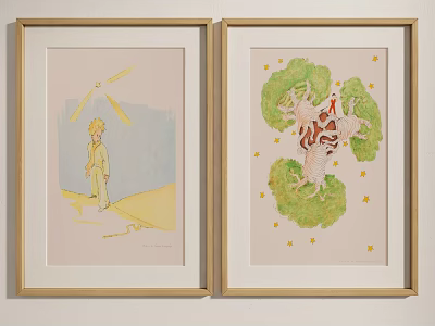 Framed Little Prince Illustrations With Golden Frames And Starry Elements 3d model