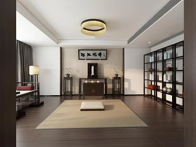 Traditional Chinese Religious Worship Space With Altar Table Calligraphy Scroll And Wooden Bookshelves 3d model