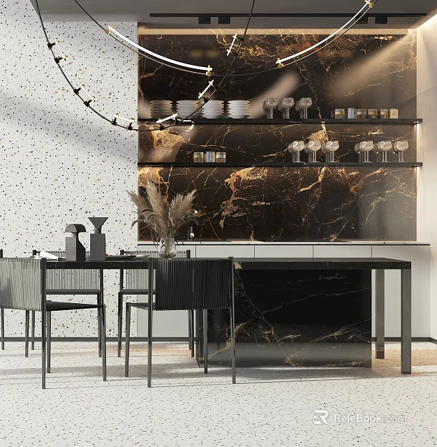 Modern Dining Table Set With Stylish Black Chairs Marble Wall Shelves Glasses Plates Decor 3d model 