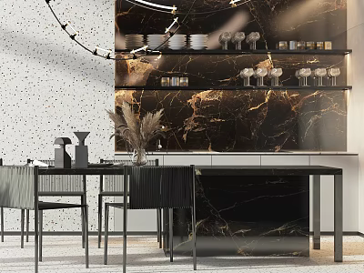 Modern Dining Table Set With Stylish Black Chairs Marble Wall Shelves Glasses Plates Decor 3d model