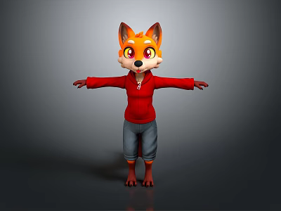 Cute Fox Game And Movie Character With Orange Ears Big Eyes Red Hoodie And Blue Shorts Standing 3d model