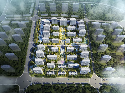 Aerial Planning of Modern Residential Community With Buildings Layout Green Spaces and Road Networks 3d model