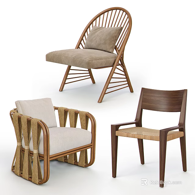 Stylish Leisure Chairs With Wooden Frames Woven Details And Comfortable Cushioned Seats 3d model 