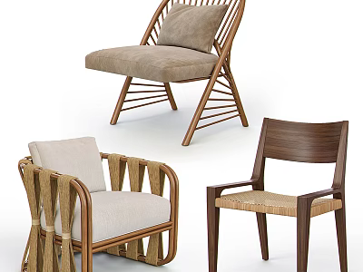 Stylish Leisure Chairs With Wooden Frames Woven Details And Comfortable Cushioned Seats 3d model