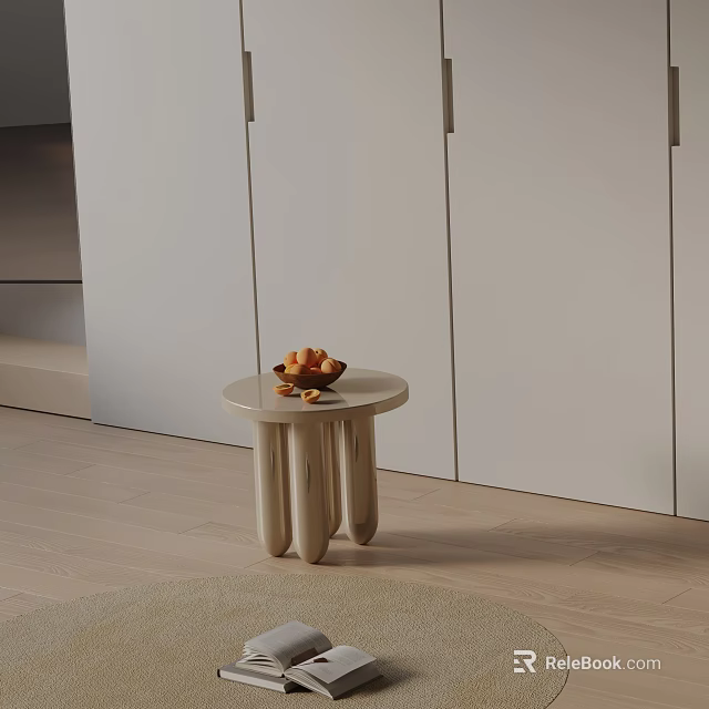 Minimalist Light Colored Side Table With Pastries On Top And Cabinet In Background 3d model 