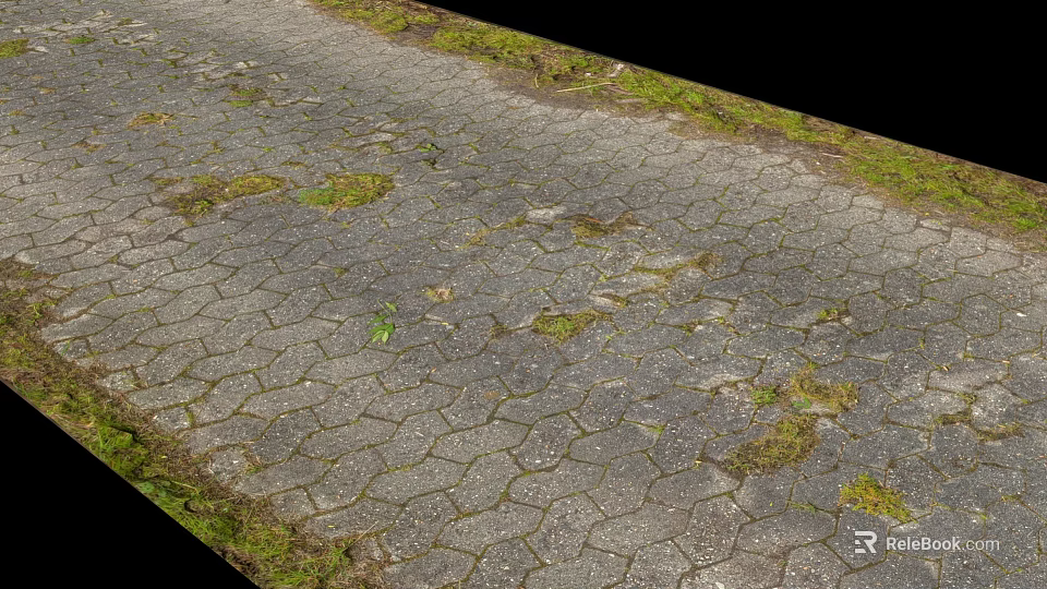 Road Infrastructure With Hexagonal Paving Stones And Moss Growth On Surface 3d model 