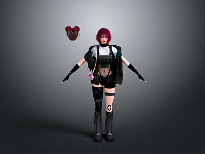 Red Haired Female Character Wearing Black Coat White Top Black Gloves And Red Ear Accessory 3d model