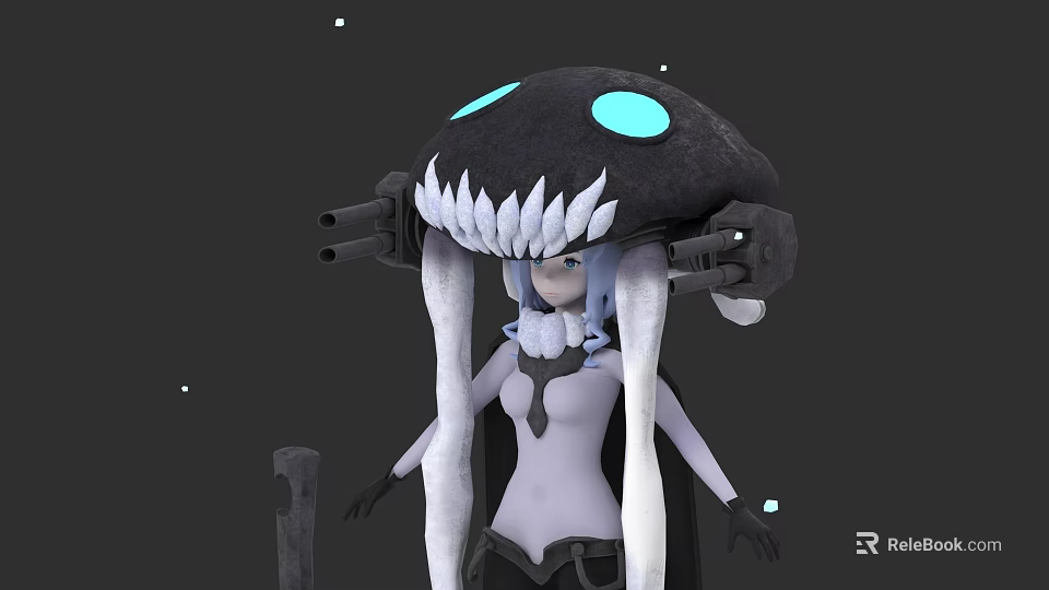 Futuristic Game Character With Black Mushroom Head Blue Glowing Eyes White Fangs And Long Hair 3d model 