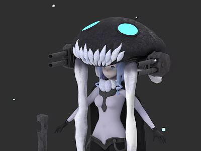 Futuristic Game Character With Black Mushroom Head Blue Glowing Eyes White Fangs And Long Hair 3d model