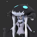 Futuristic Game Character With Black Mushroom Head Blue Glowing Eyes White Fangs And Long Hair