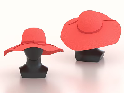 Two Red Wide Brimmed Hats Displayed On Black Mannequin Heads 3d model