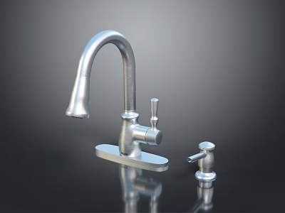 Metal Kitchen Faucet With Main Spout And Side Handle On Black Surface With Reflection 3d model