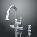 Metal Kitchen Faucet With Main Spout And Side Handle On Black Surface With Reflection