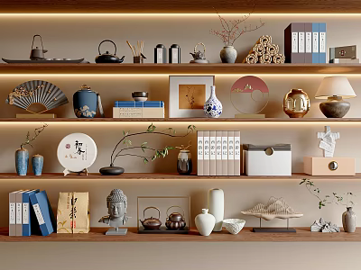Decorative Ornament Set on Wooden Display Shelves with Teapots Fans Vases Books and Potted Plants 3d model