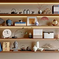 Decorative Ornament Set on Wooden Display Shelves with Teapots Fans Vases Books and Potted Plants