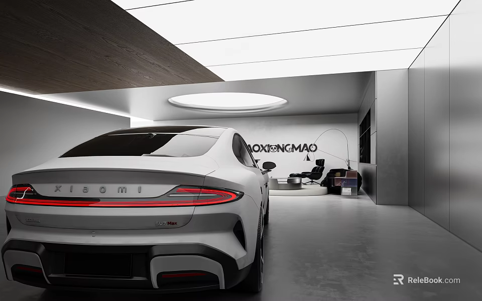 White Kia GT-Line Car in Modern Showroom With Wooden Ceiling White Lighting and Gray Floor 3d model 