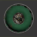 Green Metal Trash Can With Striped Design Round Top And Support Legs Structure