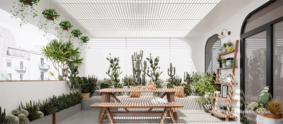Villa Balcony With Lush Plants And Wooden Furniture Under Lattice Roof 3d model 