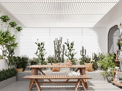 Villa Balcony With Lush Plants And Wooden Furniture Under Lattice Roof 3d model