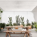 Villa Balcony With Lush Plants And Wooden Furniture Under Lattice Roof