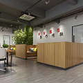 Modern Public Office Space With Marble Wall Logo Open Workstations Desks Chairs Bookshelves And Windows