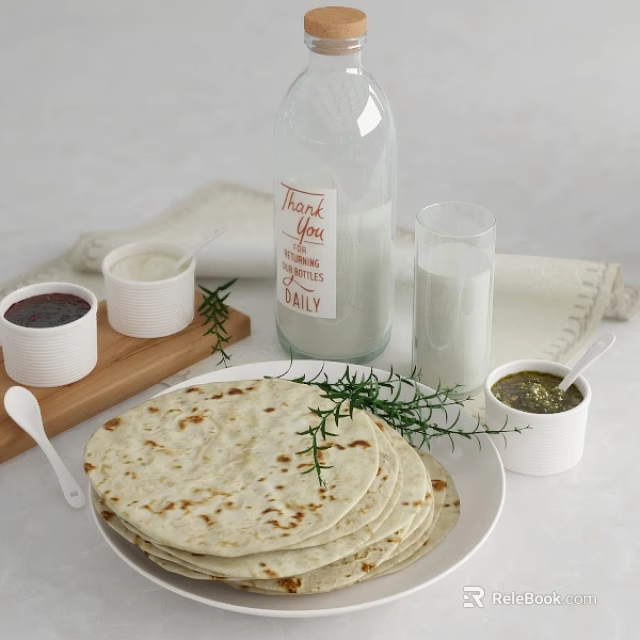 Fresh Tortillas Stacked On White Plate With Sauces Milk Glass And Rosemary 3d model 
