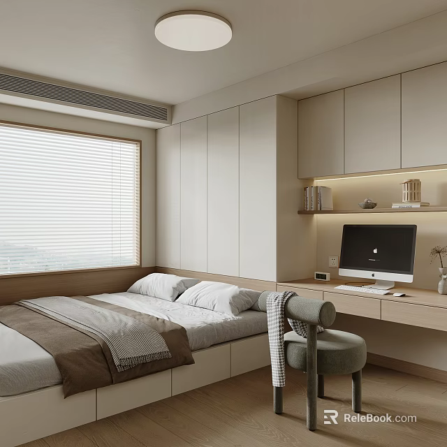 Modern Tatami Bedroom Interior with White Blinds Wall-Mounted Cabinets and Computer Desk 3d model 