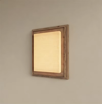 Wooden Frame Square Wall Lamp With Light Colored Lampshade Mounted On Wall 3d model