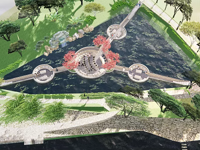 Waterfront Landscape Design With Lakeside Walkways Greenery And Circular Rest Areas 3d model