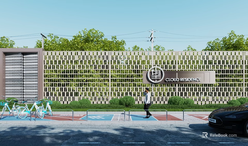 Cloud Residence Building Exterior Wall With Lattice Design Green Plants And Pedestrian Path 3d model 