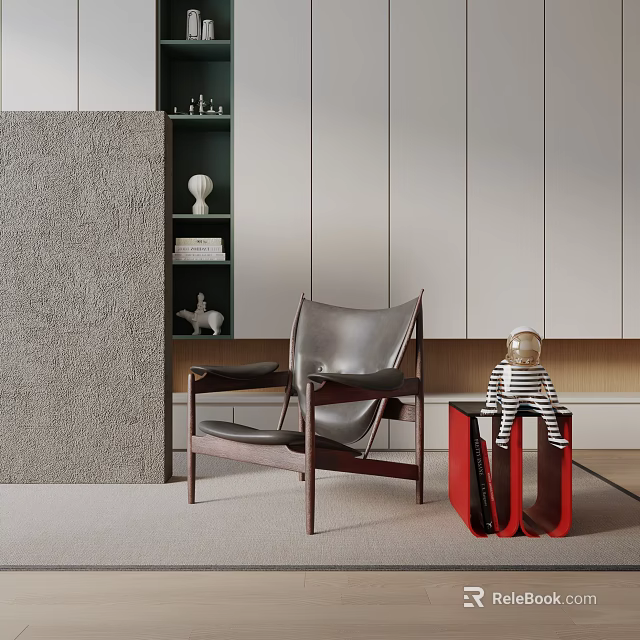 Leather Lounge Chair In Modern Interior With Bookshelf Decorative Items And Red Side Table 3d model 